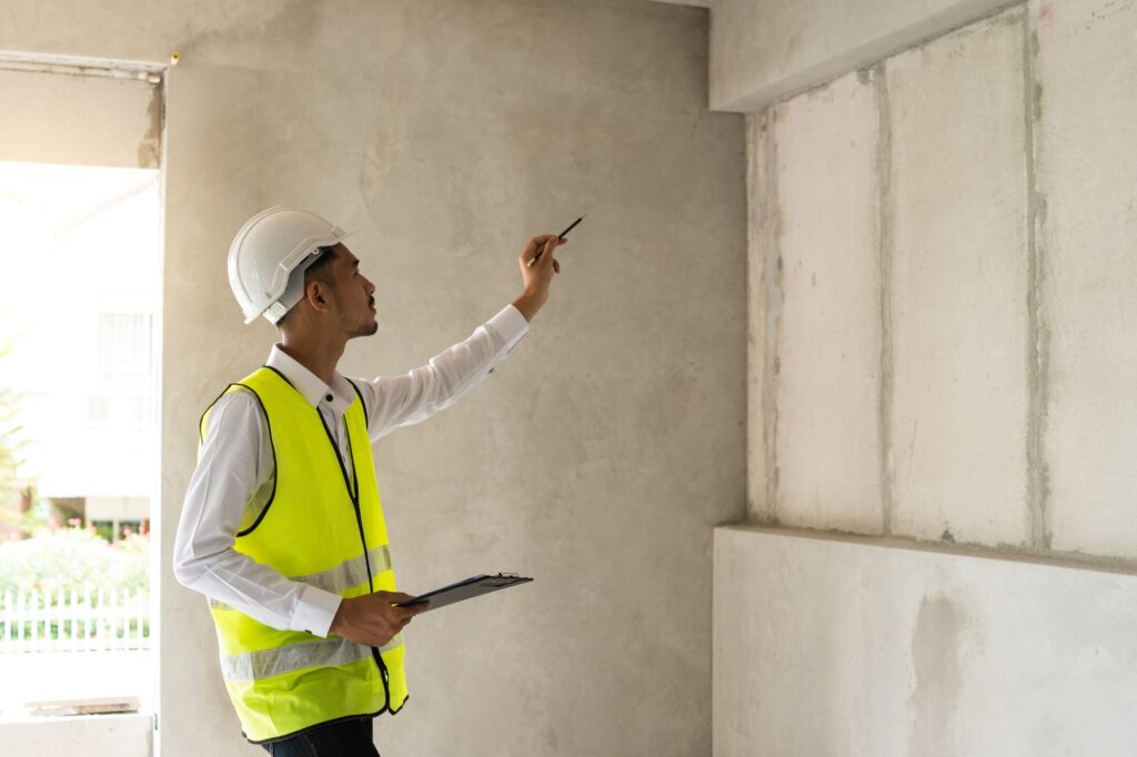 Inspector holding clipboard opening paper and checking building for renovation, Home inspection